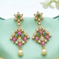 Charming Pink Stones Gold Plated Necklace With Pearl hangings And Earrings For Women