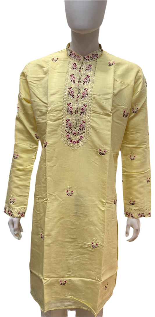 Elegant Light Yellow Color With Cotton Embroidery Work Kurta Suits For Men