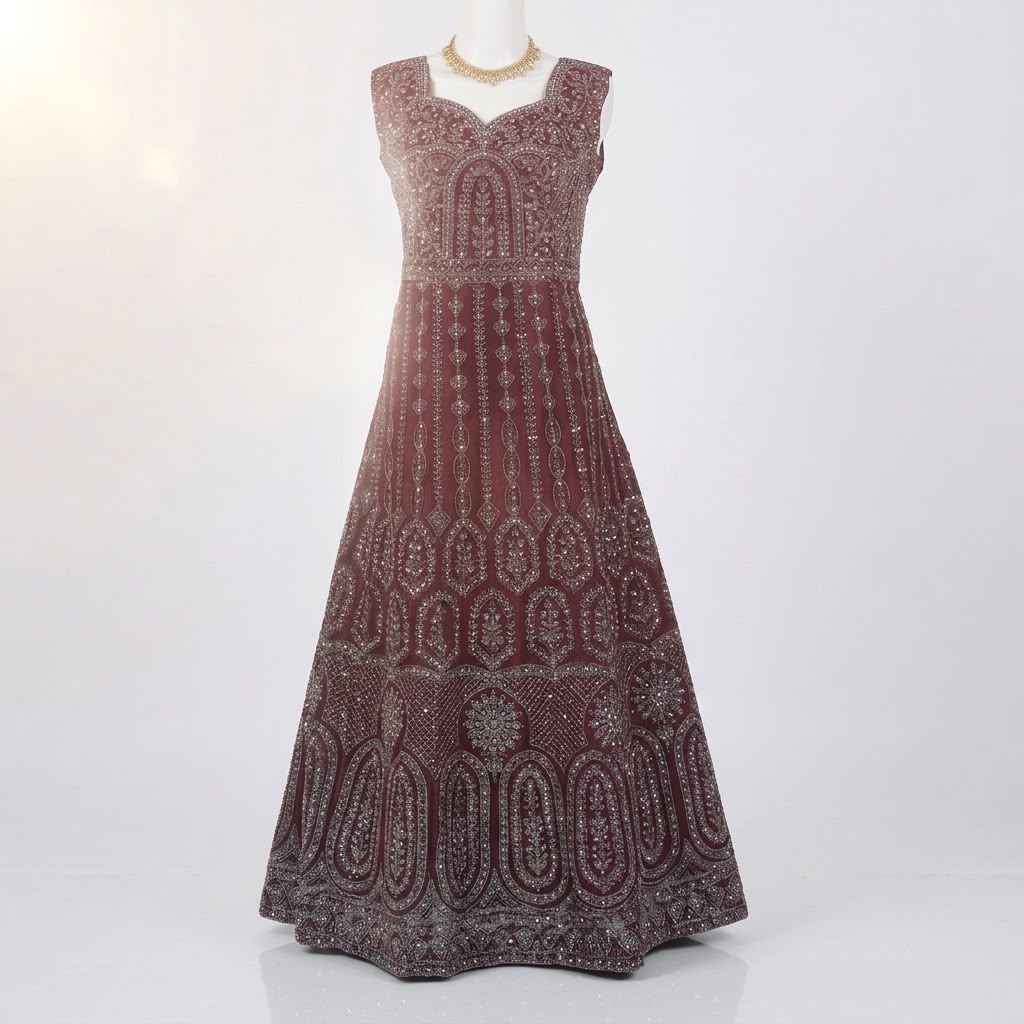 Stunning Wine Color Georgette Silk With Silver Embroidery And Sequins Work Anarkali Gown For Women