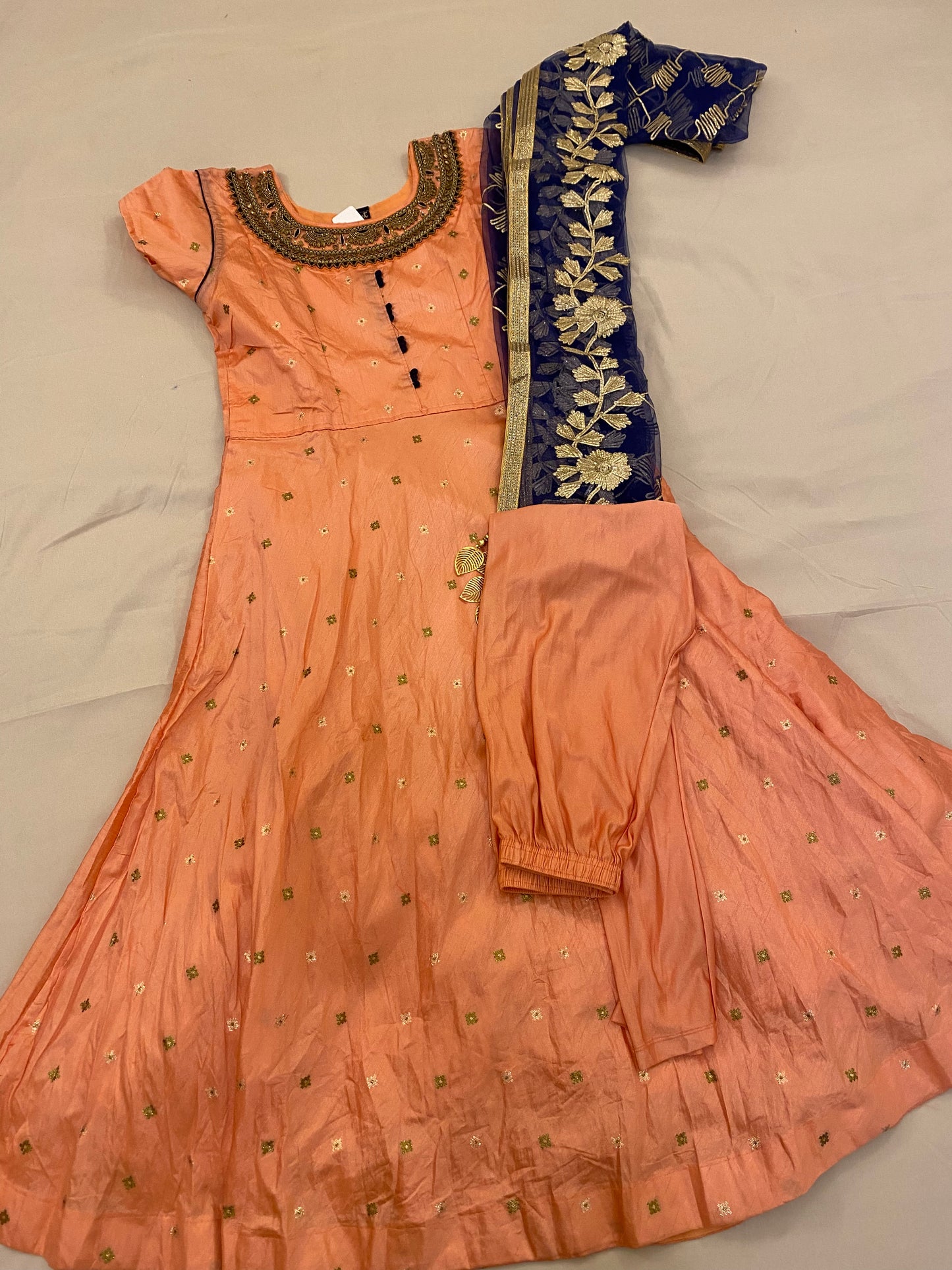 Peach Color Suit With Blue Dupatta and Self Color Bottom