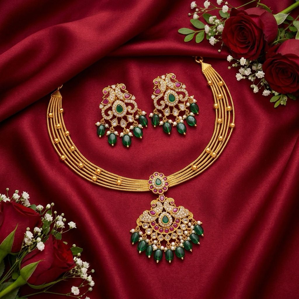 Traditional Green beads Gold Plated Necklace With Earrings For Women