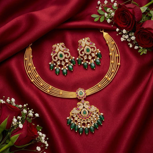 Alluring Multicolor Stones And Green Pearls Hanging Gold Plated Necklace With Earrings Set