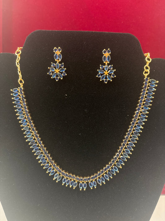 Attractive Blue Color Stones Studded Gold Plated Necklace With Earrings Set