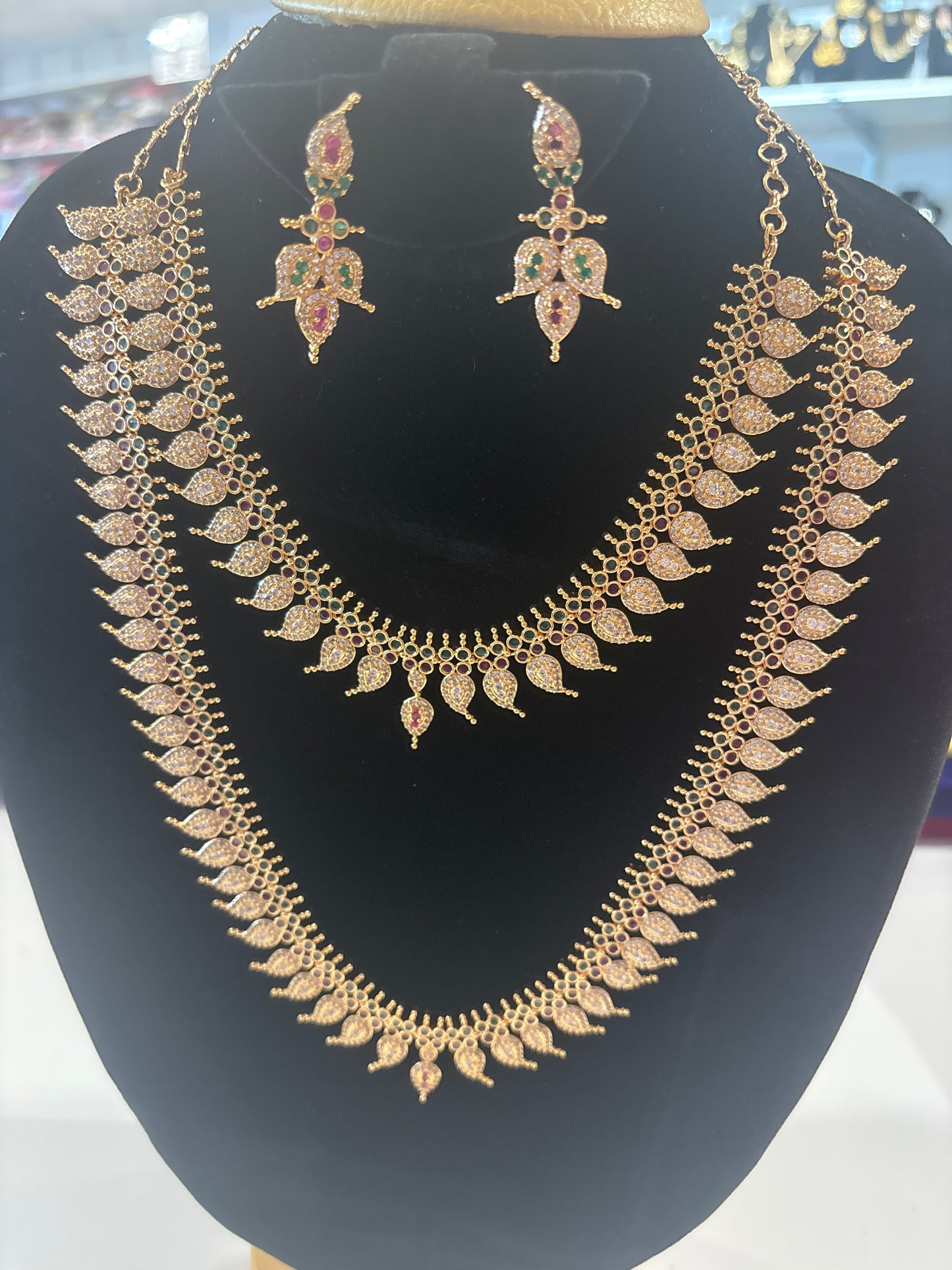 Elegant Antique Gold Leaf Design Bridal Haram Set with CZ Stones & Matching Earrings