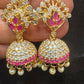 Adorable Dark Pink And White Stones Gold Plated Jhumkas Near Me