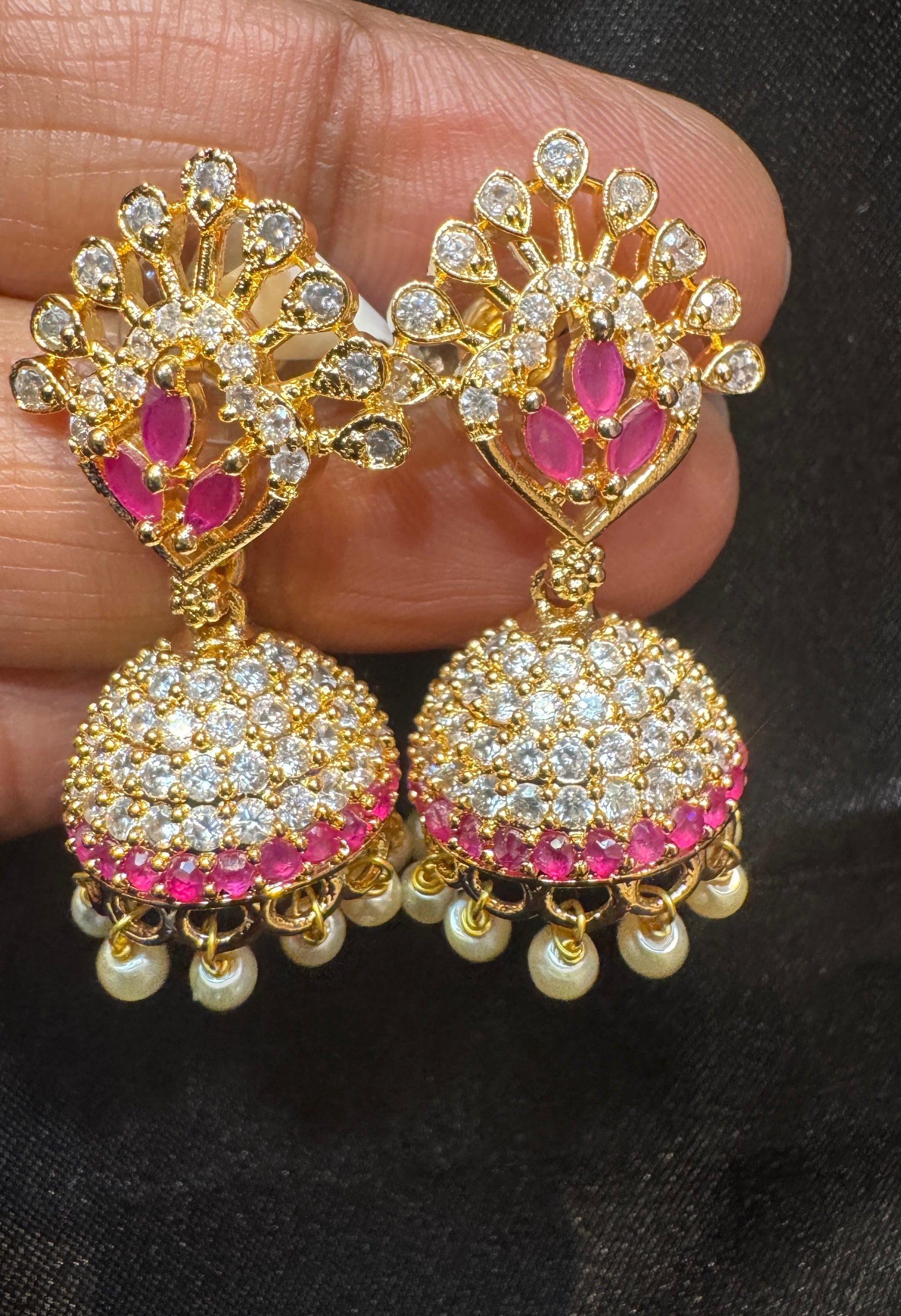 Adorable Dark Pink And White Stones Gold Plated Jhumkas Near Me