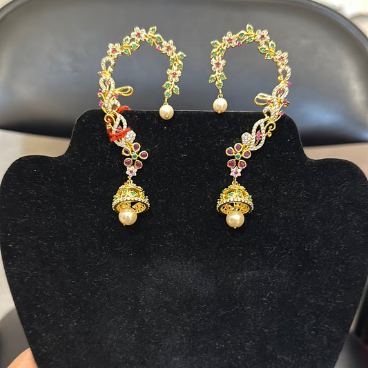 Beautiful Gold Plated Multi Color Stones Earrings With Pearl Beed