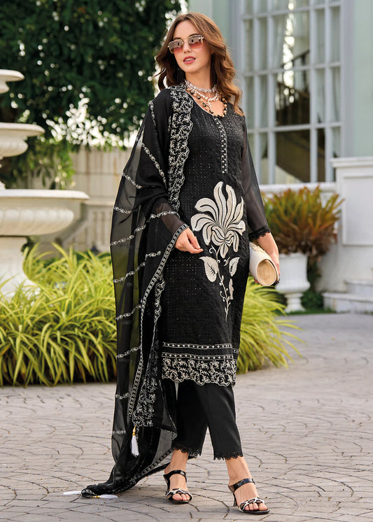 Graceful Black Color Heavy Organza With Fancy Embroidery Salwar Suits And Dupatta