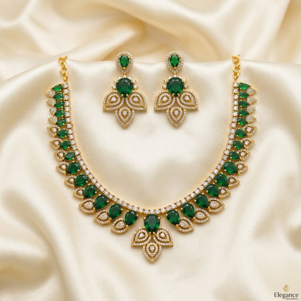 Stunning Emerald Green American Diamond Gold Plated Necklace With Earrings