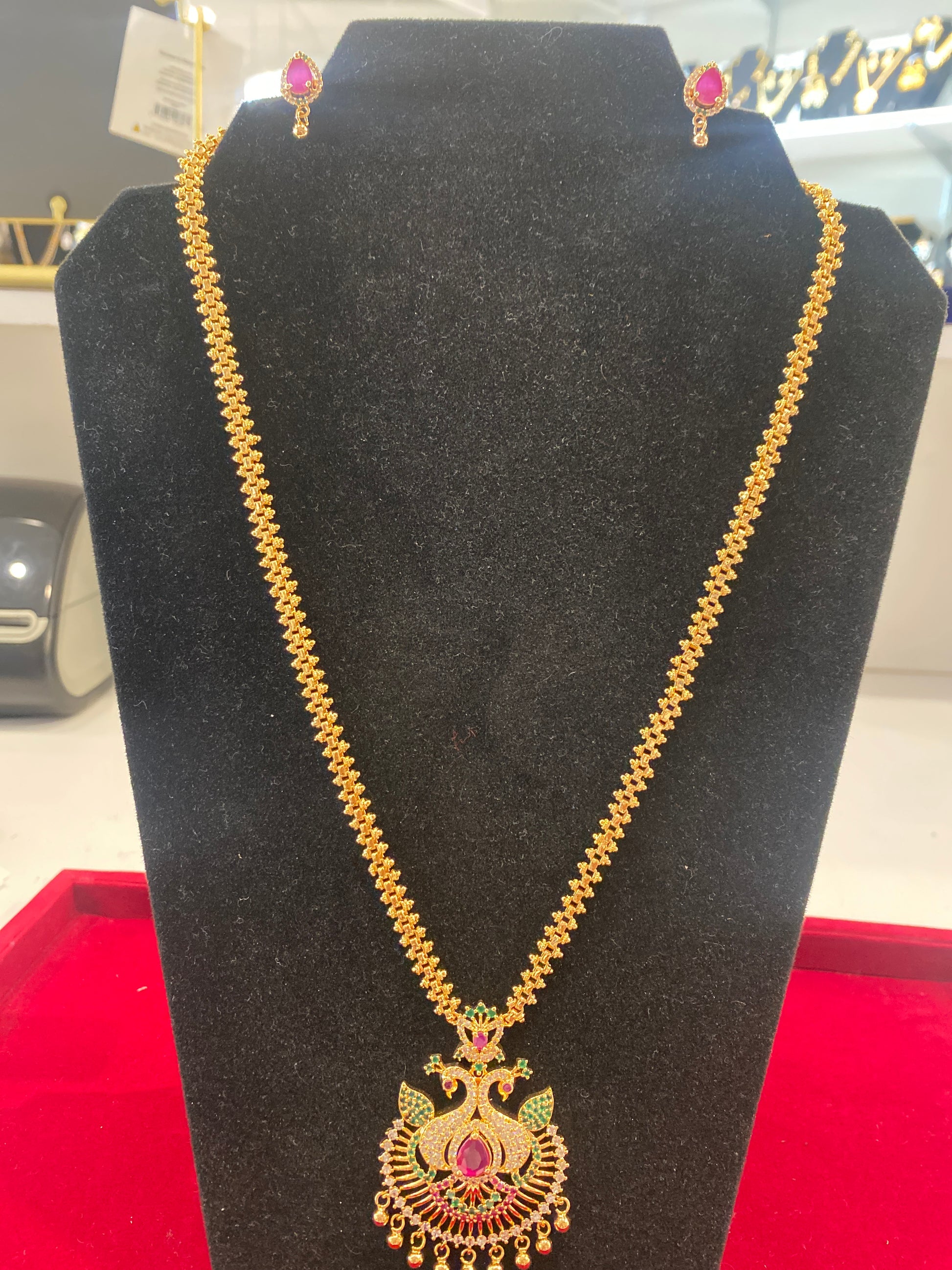 Elegant Green And Red Stones Gold Plated Long Necklace With Earrings For Women