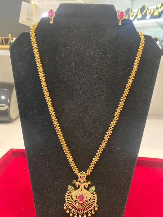 Elegant Green And Red Stones Gold Plated Long Necklace With Earrings For Women