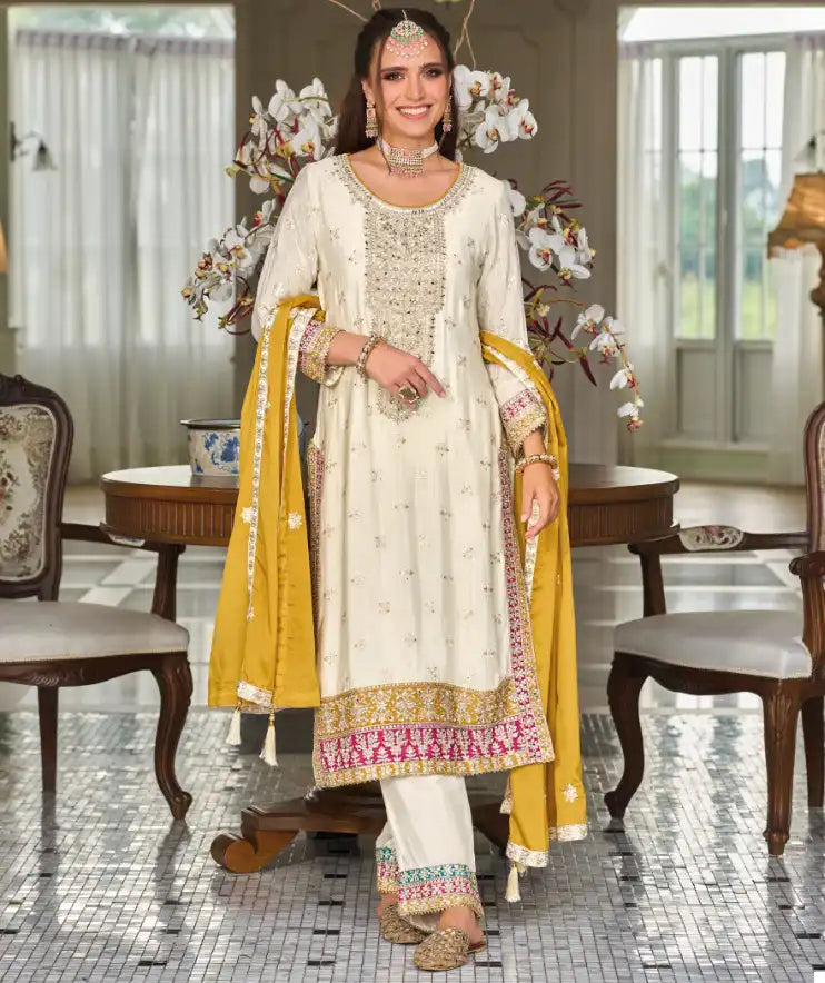 Stunning White Color Embroidery Work Salwar Suits With Dupatta