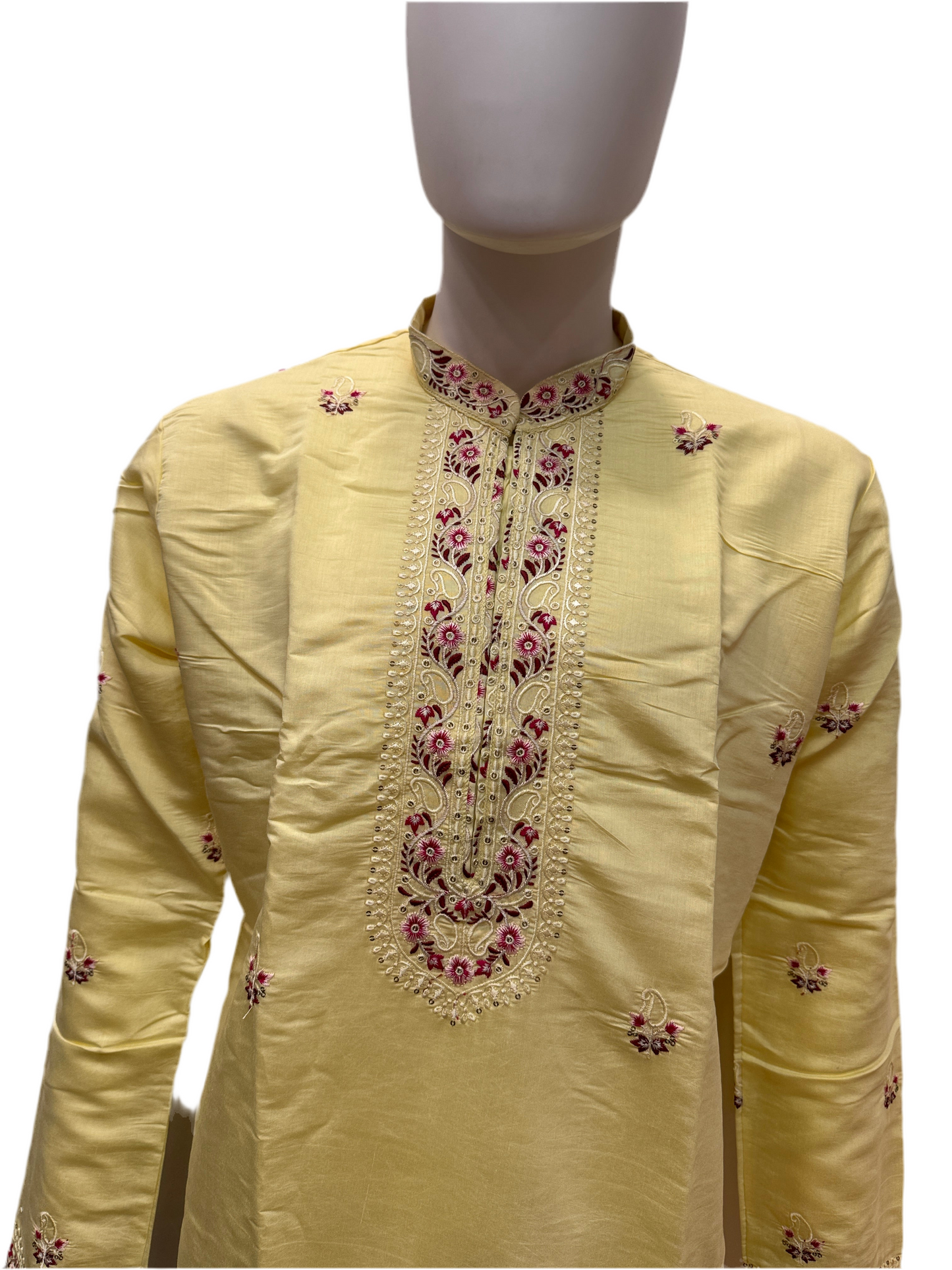 Elegant Light Yellow Color With Cotton Embroidery Work Kurta Suits For Men
