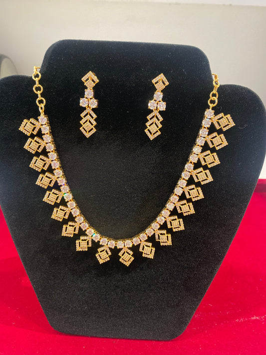 Amazing Gold Color White Stones Gold Plated Necklace With Earrings Set For Women