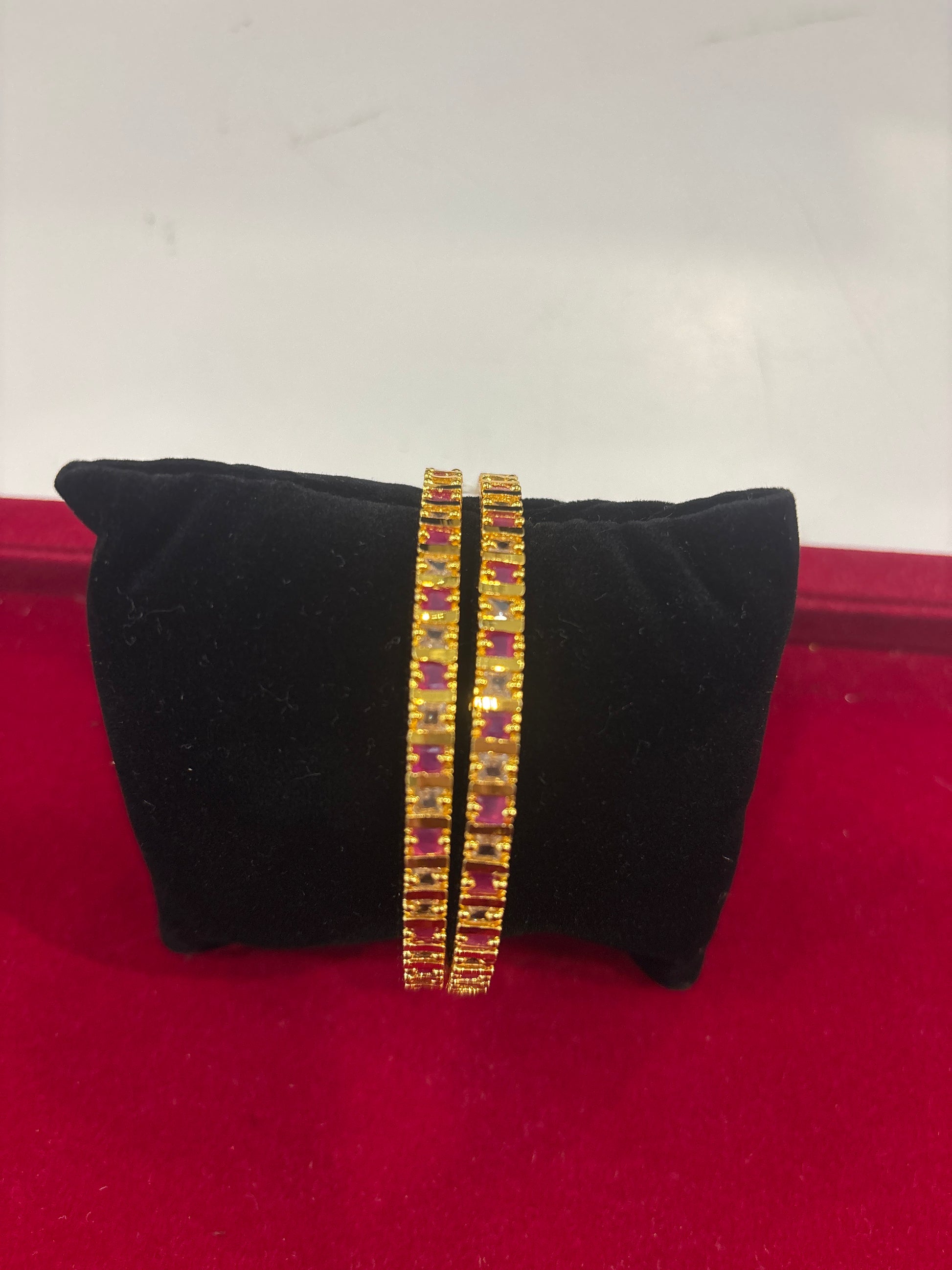 Alluring Red And White Stones Gold Plated Bangles For Women