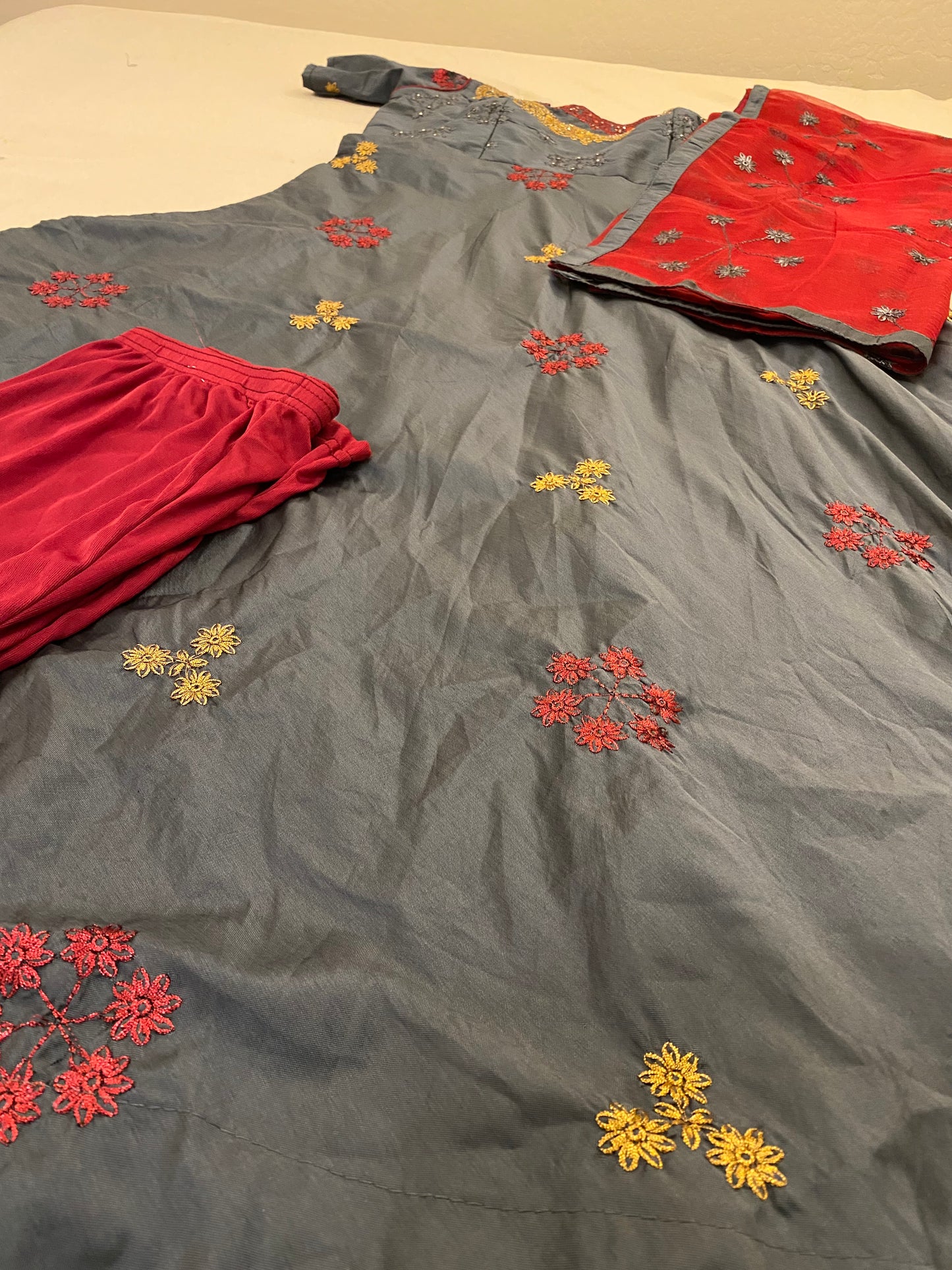 Dark Grey Long Gown With Red And Golden Embroidery Work With Pants Near Me
