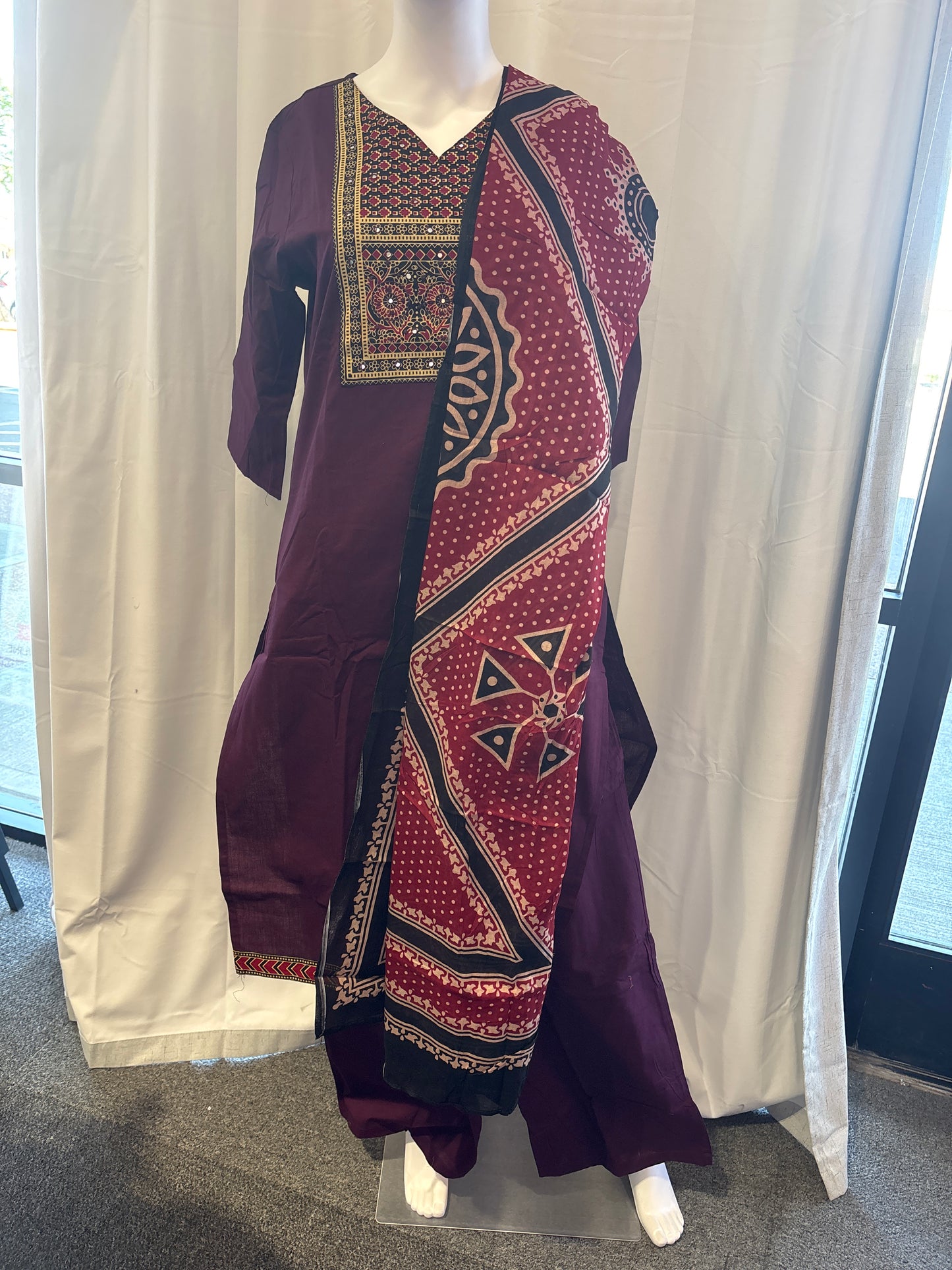 Beautiful Wine Color Cotton With Printed Work Salwar Suits With Dupatta For Women