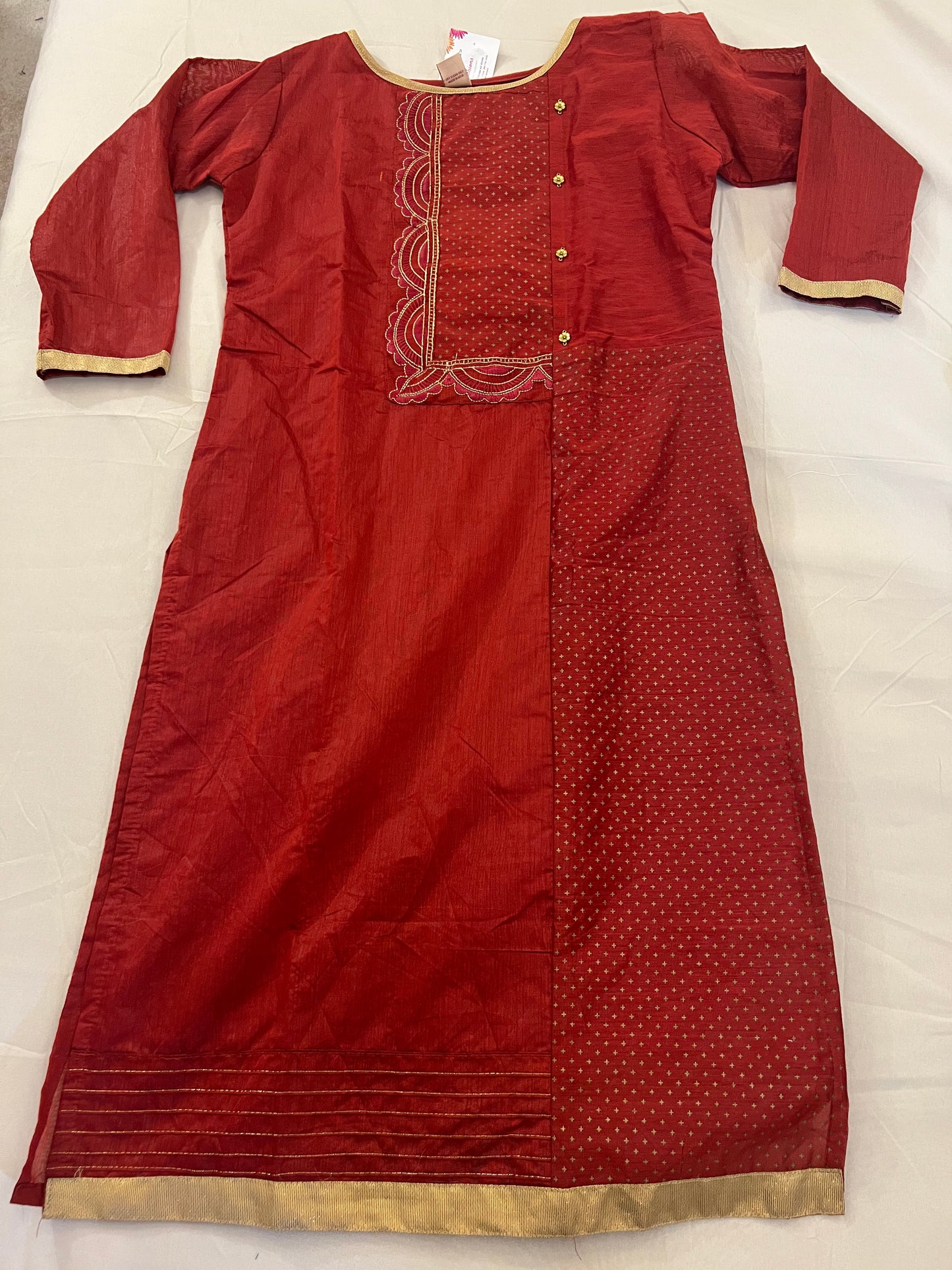 Red Kurti With Round Neck and Gold Designs
