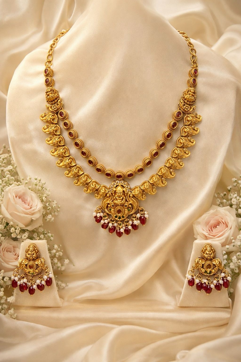 Traditional  Green And Red Stones Antique Gold Plated Necklace With Earrings For Women