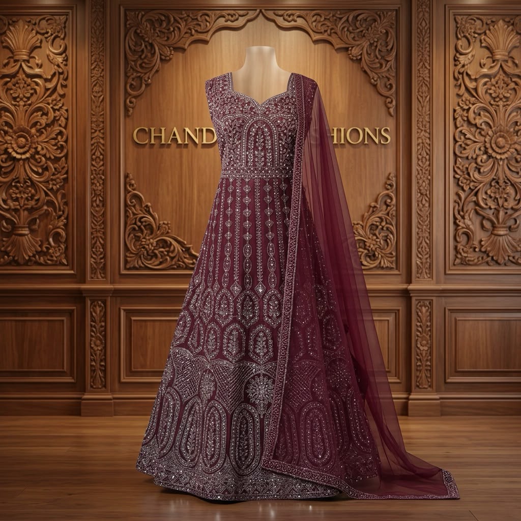 Stunning Wine Color Georgette Silk With Silver Embroidery And Sequins Work Anarkali Gown For Women