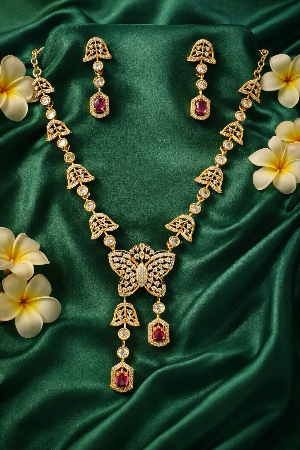 Dazzling Red Stones Butterfly Design Gold Plated Necklace With Earrings For Women