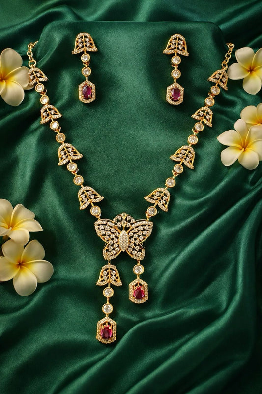 Amazing Red And White Stones Butterfly Design Gold Plated Necklace With Earrings Set