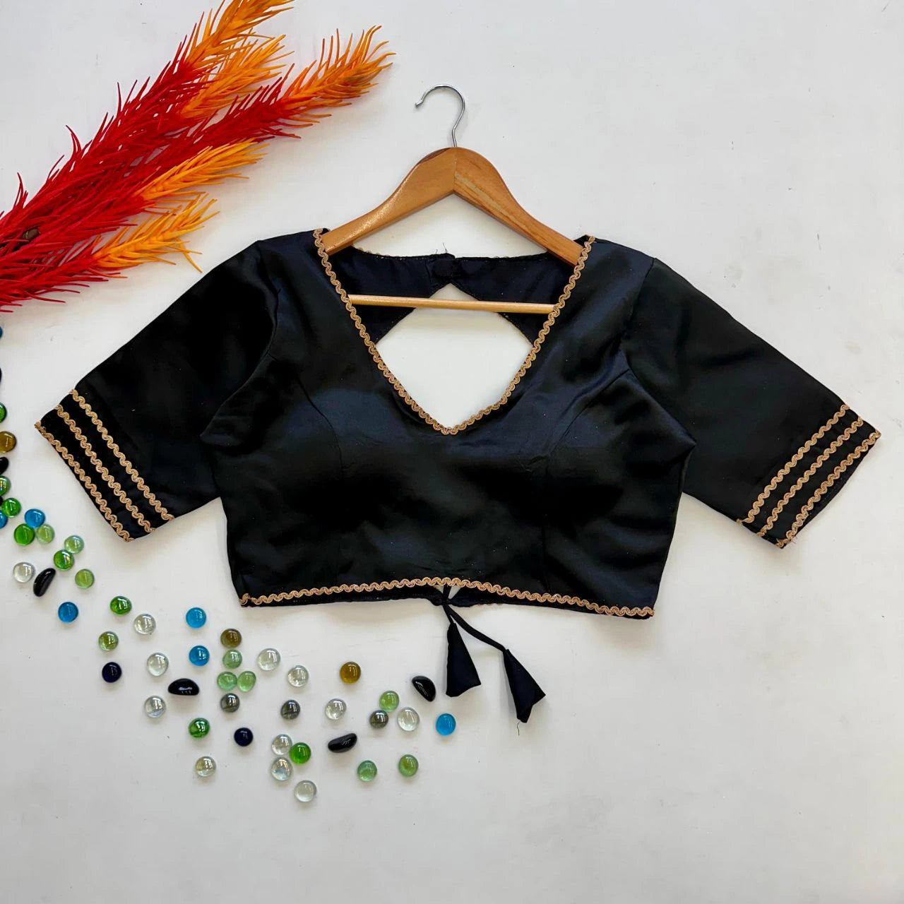 Dazzling Black Colored Manali Silk V Neck Readymade Blouse For Women