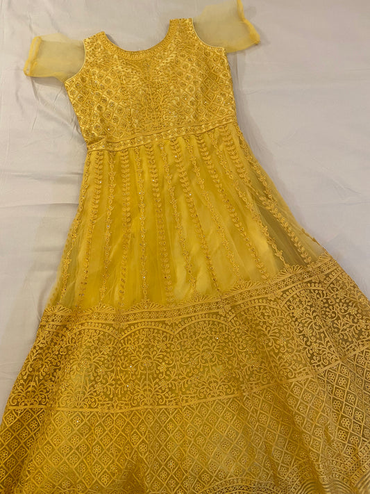 Beautiful Golden Yellow Anarkali Embroidered Dress With Dupatta