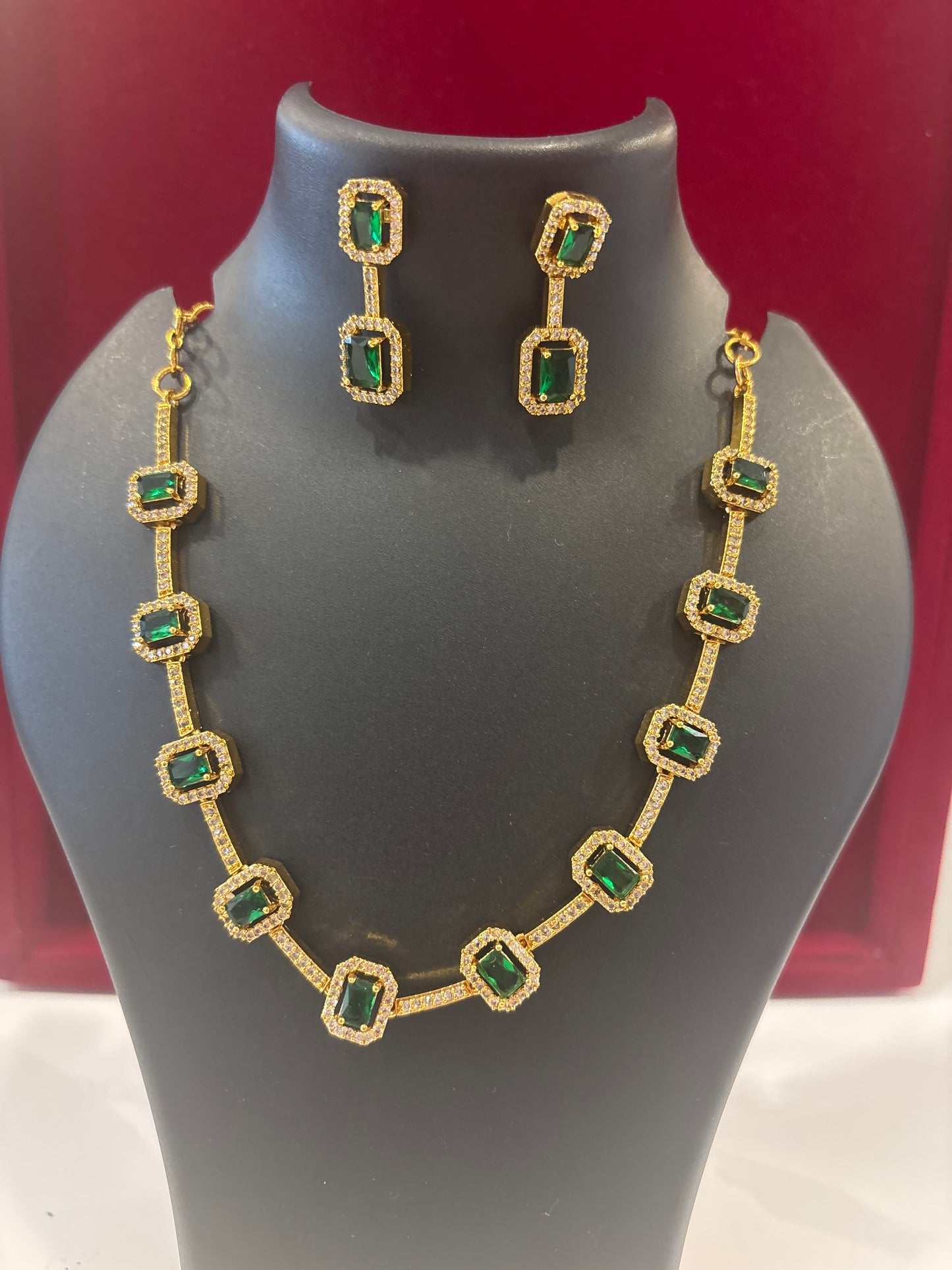 Elegant Dark Green And White Stones Studded Gold Plated Necklace With Earrings