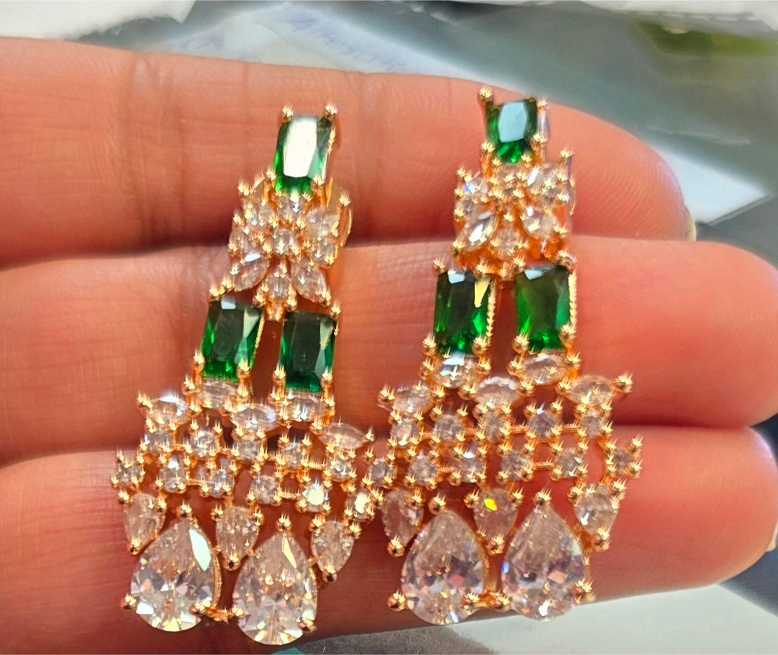 Traditional Gold Plated With Green And White Stone Choker And Earrings