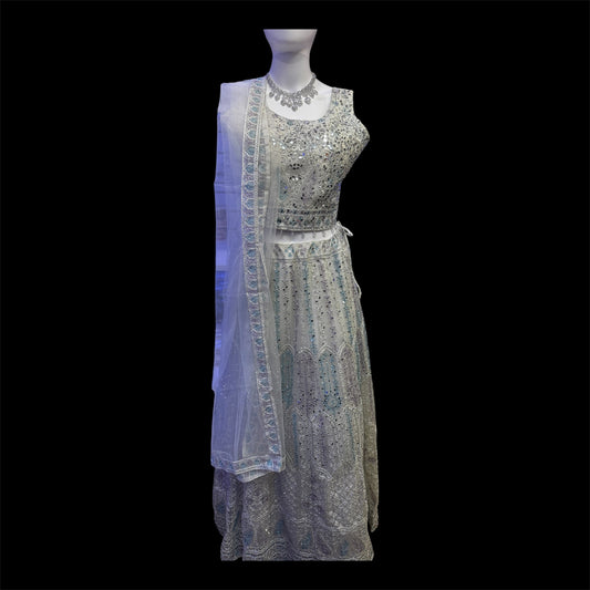 Charming Off White Georgette Mirror With Embroidery Work Lehenga For Women