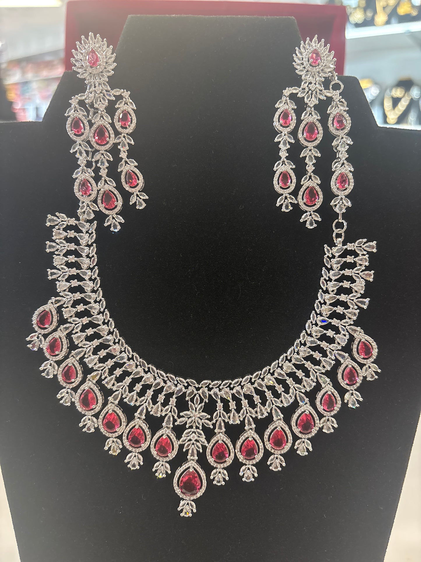 Wonderful  Pink and White Color Stone Embadded American Diamond Necklace With Earrings Set