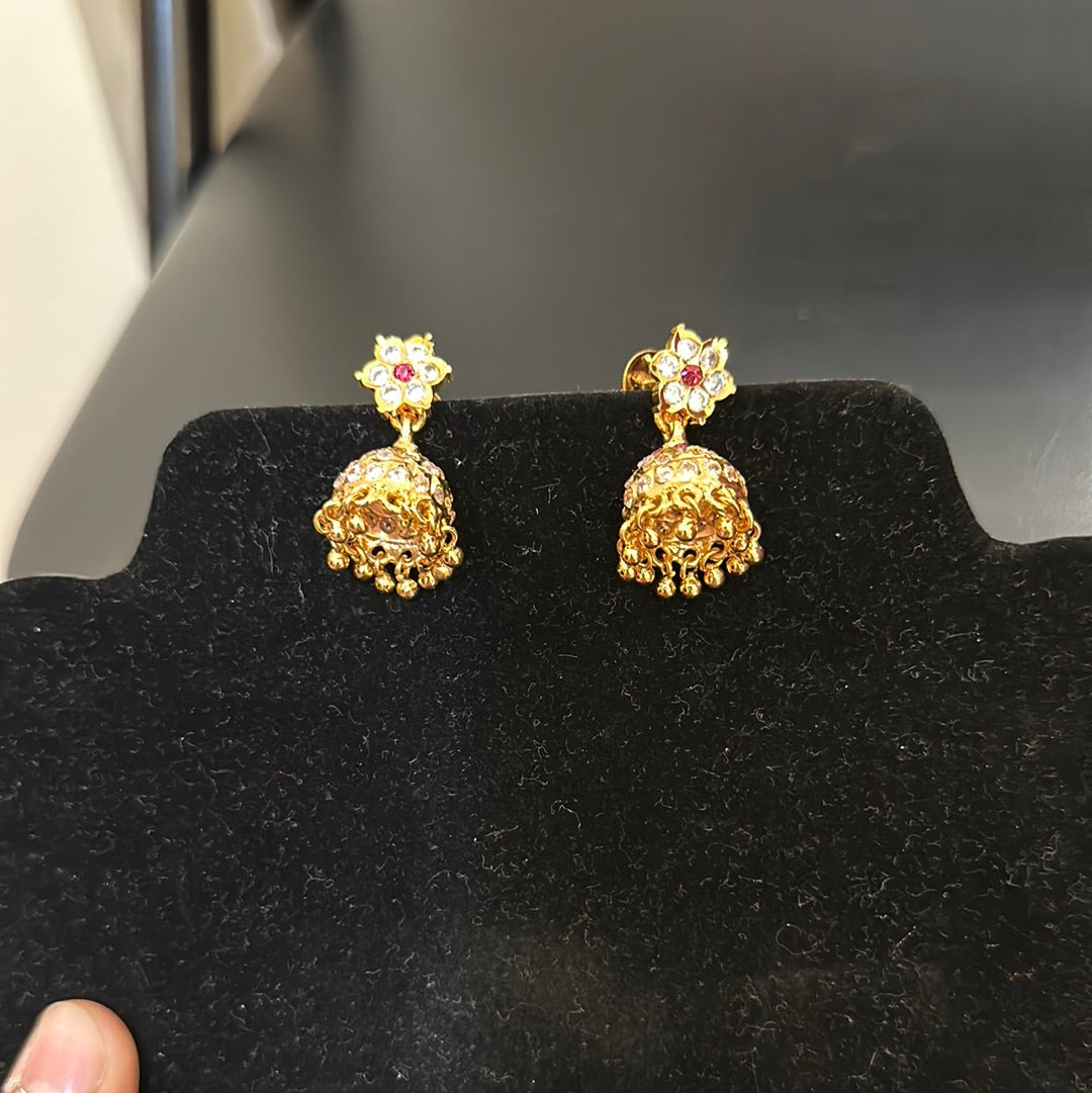 Alluring Gold Plated Jhumka Earrings With White Stones