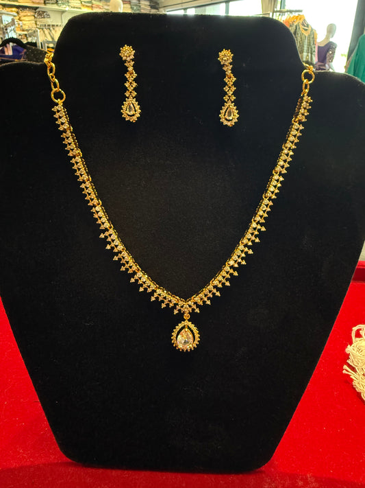 Elegant White Stones Studded Gold Plated Necklace With Earrings Set For Women