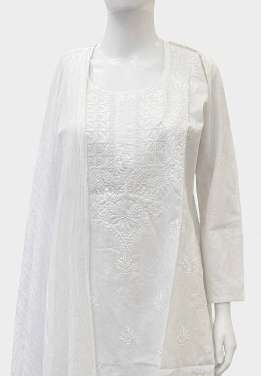 Delightful White Color Cotton With Chikankari Work Kurti Suits For Women