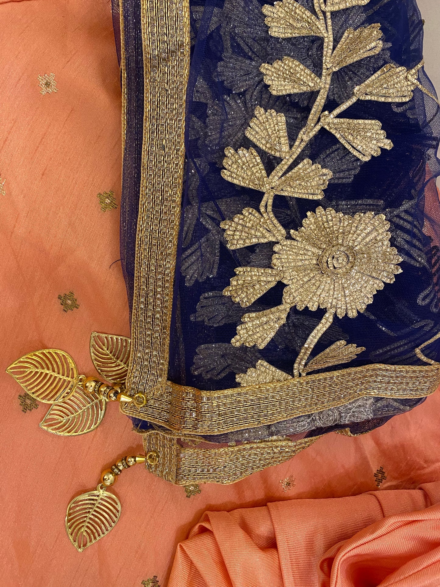 Peach Color Suit With Blue Dupatta and Self Color Bottom