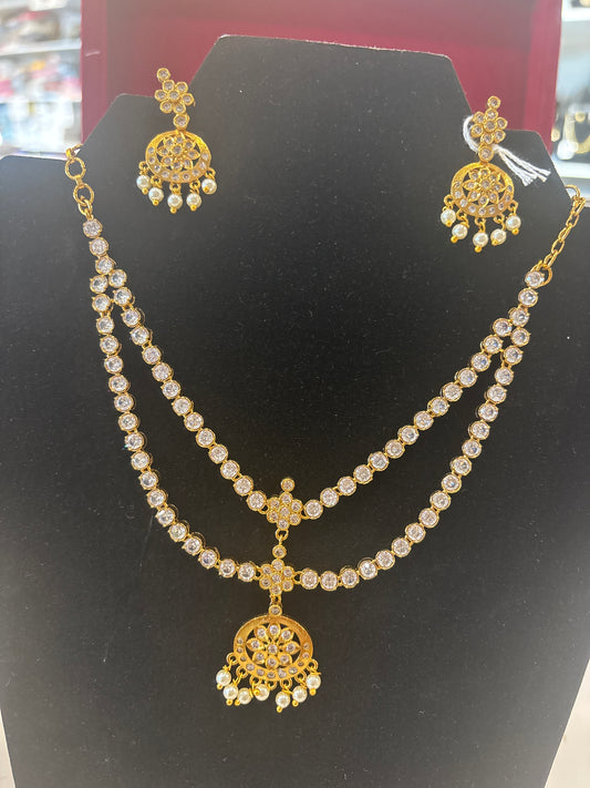 Elegant White Stones Two Layered Gold Plated Necklace And Earrings Set For Women