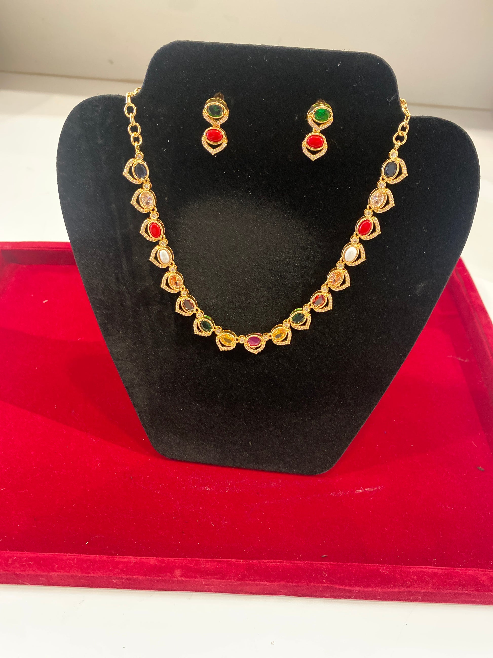 Beautiful Multicolor Stones Gold Plated Necklace With Earrings For Women