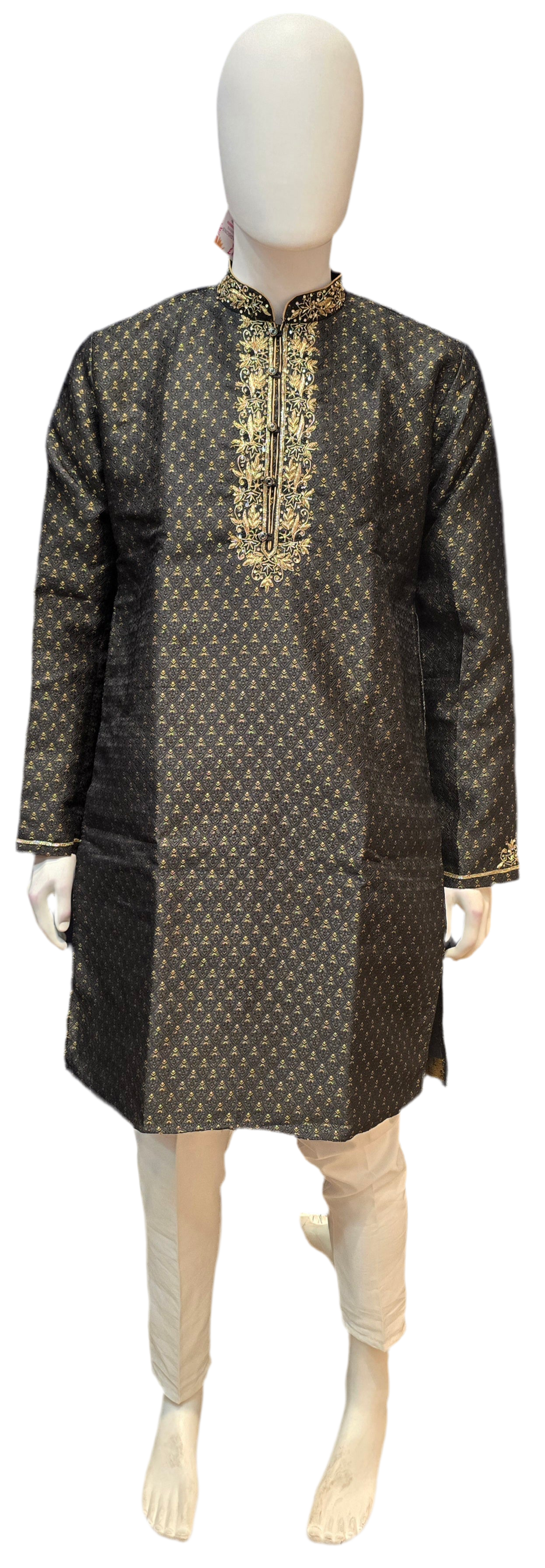 Amazing Black Color Brocade With Pure Zardozi Hand Work Kurta And Pajama Pants For Men