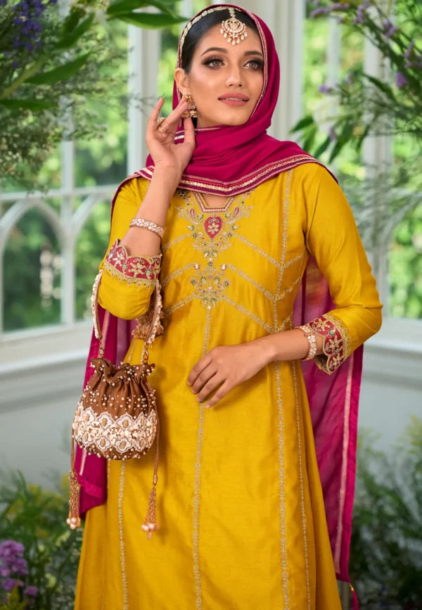 Attractive Yellow Color Premium Silk Embroidery Kurti Near Me