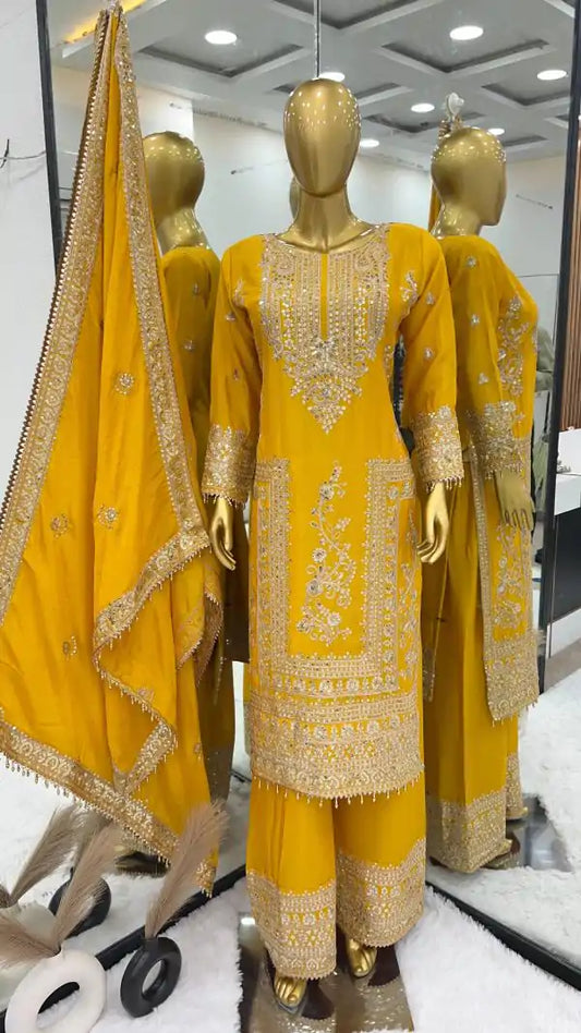 Stunning Yellow Color Pure Chinon Silk Embroidery And Dori Sequence Work Palazzo Suits