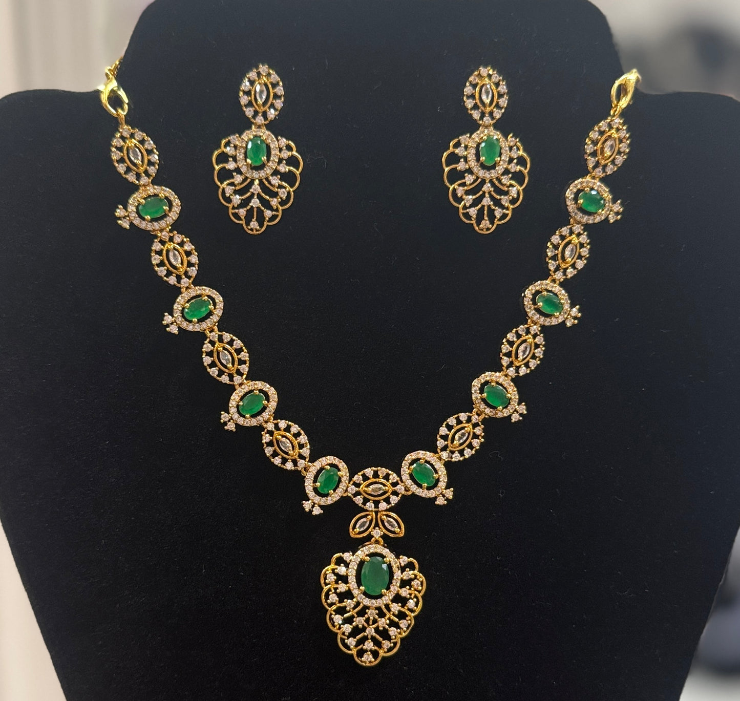 Amazing White Color Stones Gold Plated Designer Necklace With Earrings