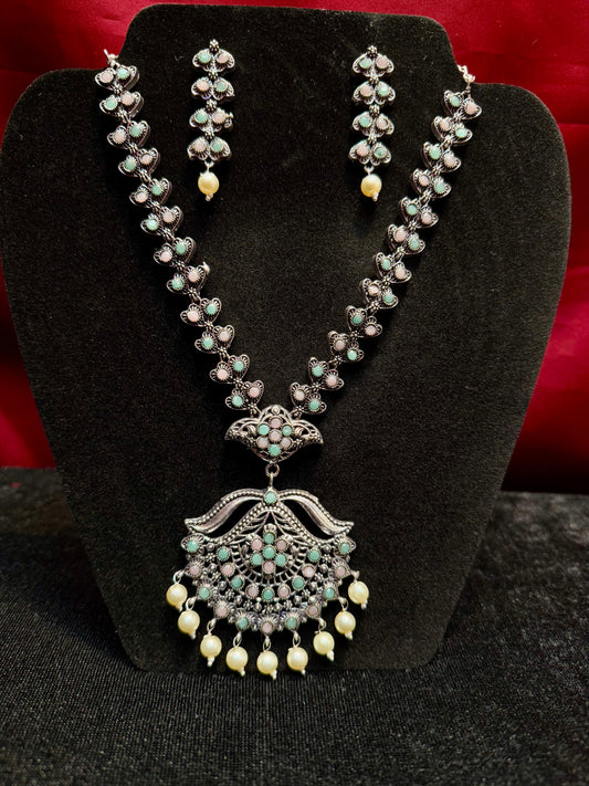 Charming Multi Colored With White Beads Oxidized Necklace With Earrings Sets