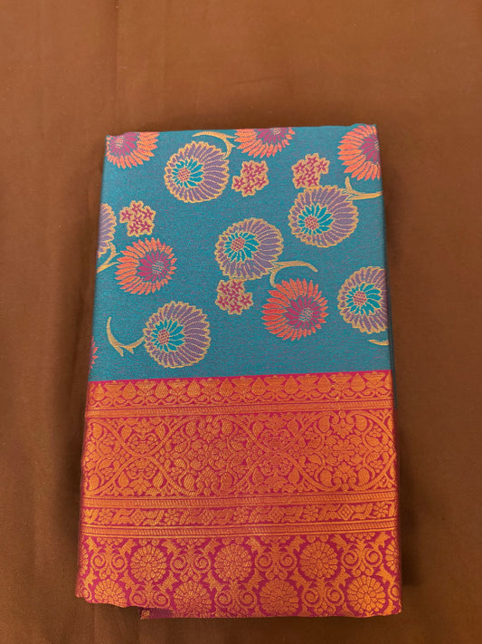 Attractive Teal Color Kora Muslin Saree With Contrast Border For Women