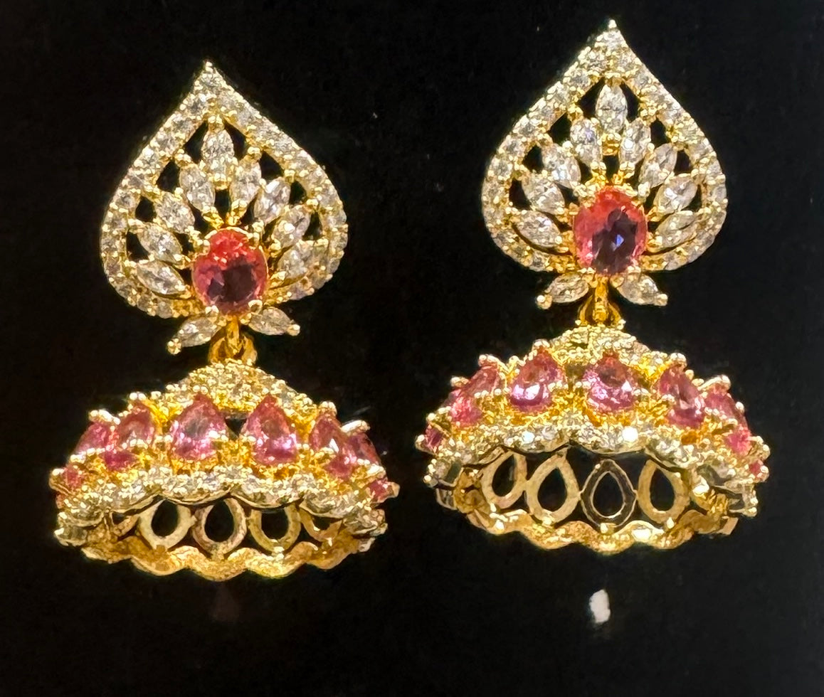 Pleasing Pink And White Stones Gold Plated Jhumkas