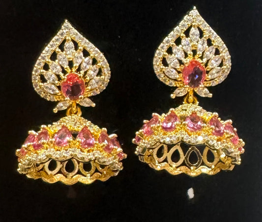 Pleasing Pink And White Stones Gold Plated Jhumkas
