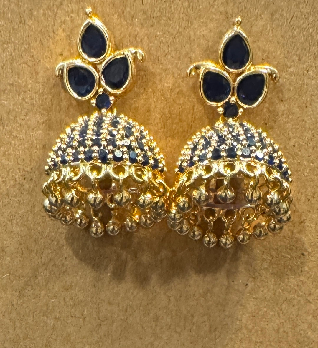 Pretty Gold Plated Blue Color Stoned Jhumka Style Earrings