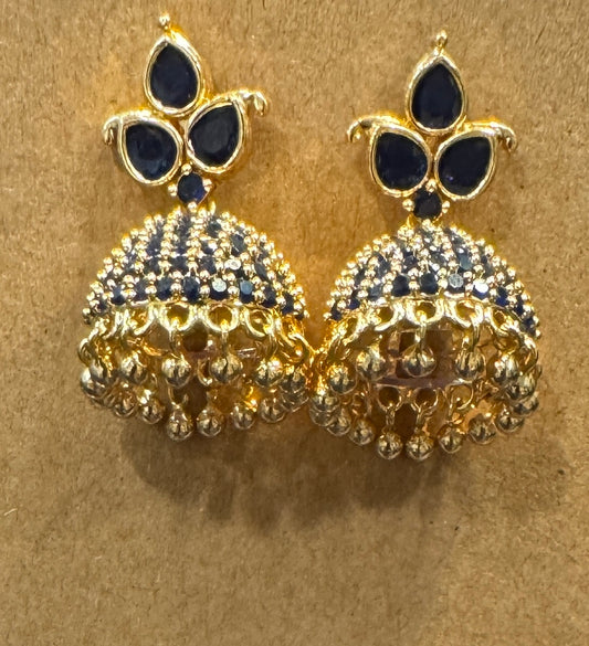 Pretty Gold Plated Blue Color Stoned Jhumka Style Earrings
