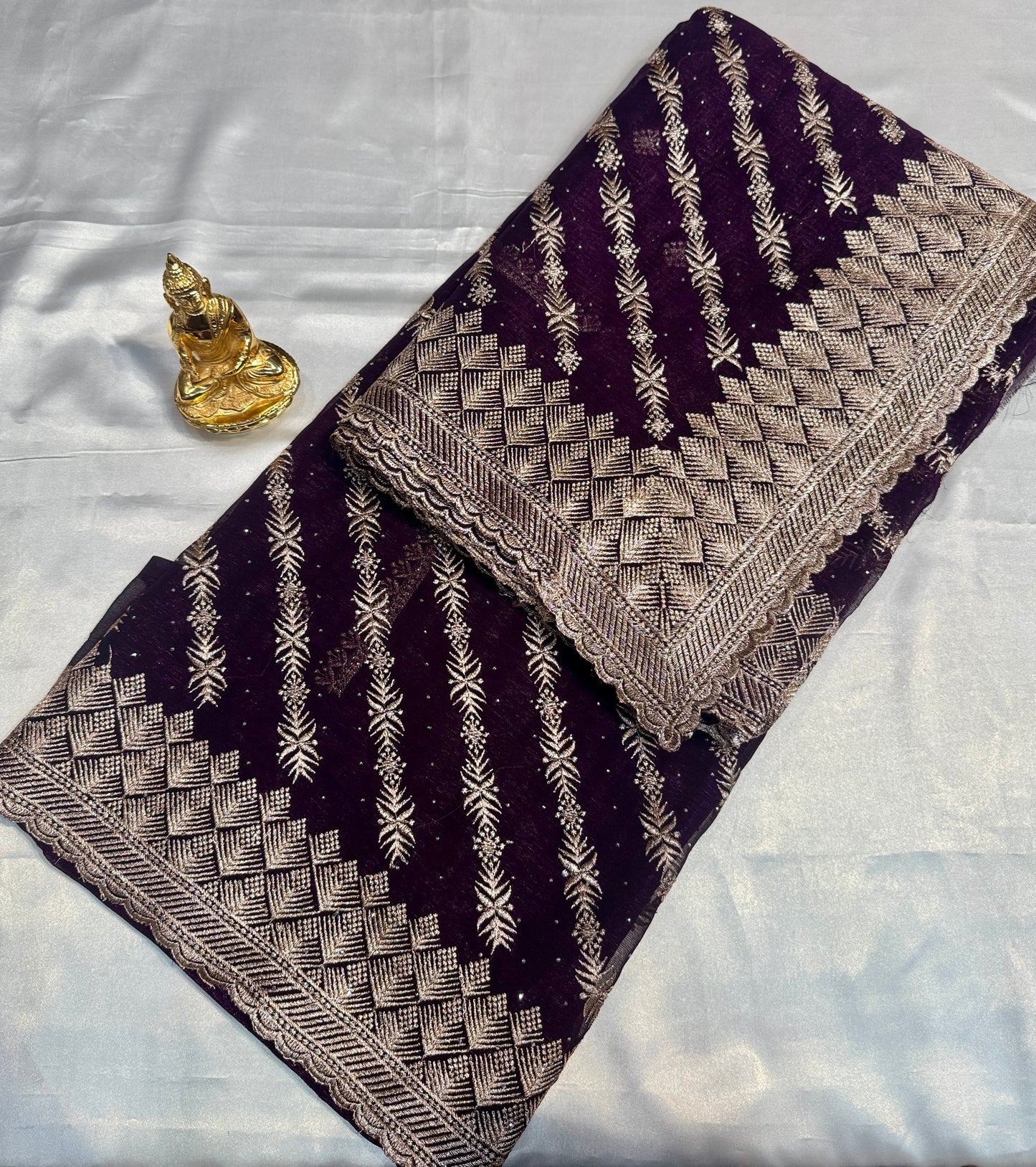 Awesome Dark Purple Color Georgette Embroidered Work Fancy Saree - PREMIUM QUALITY