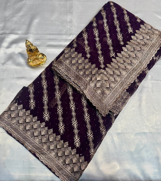 Awesome Dark Purple Color Georgette Embroidered Work Fancy Saree - PREMIUM QUALITY